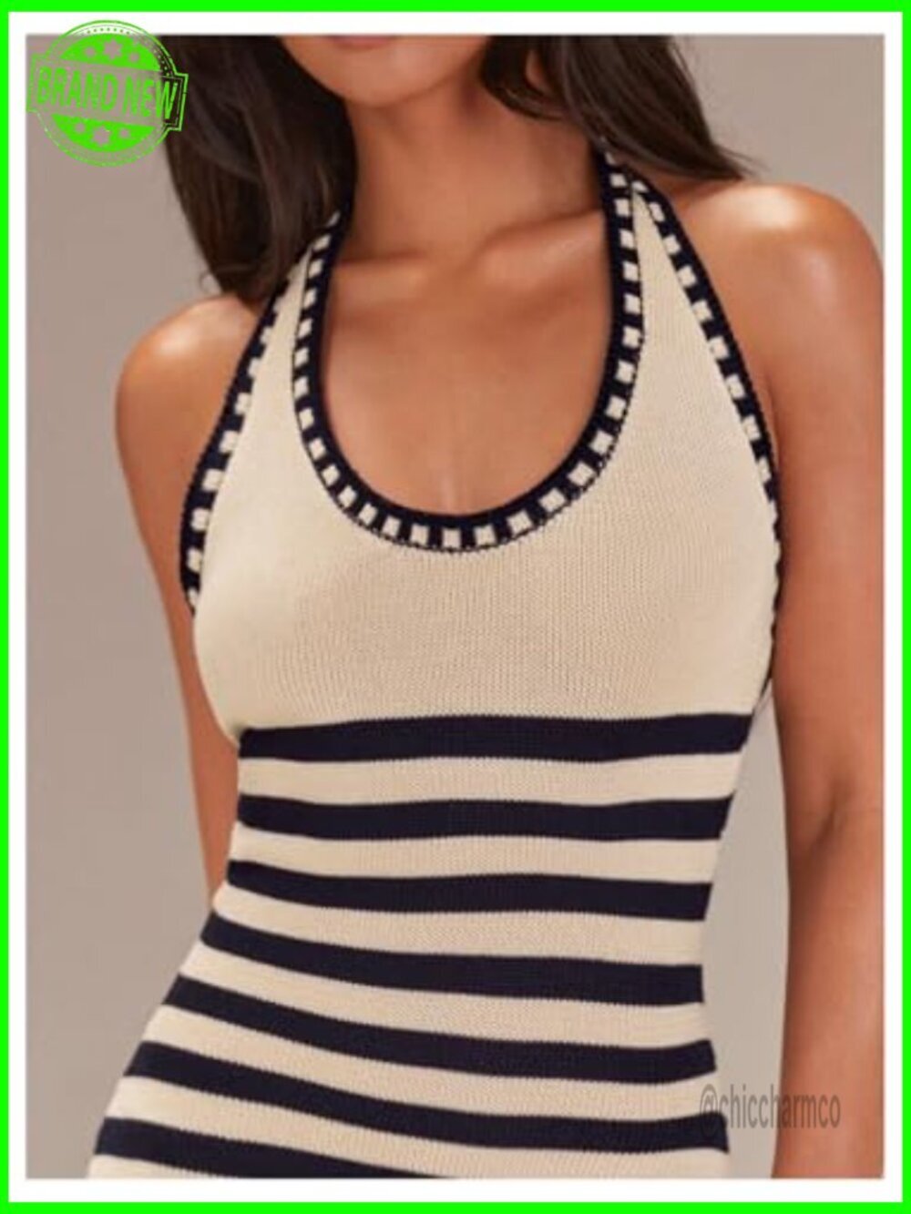 Striped Halter Knitted Maxi Bodycon Dress Sleeveless Summer - Picture 4 of 5